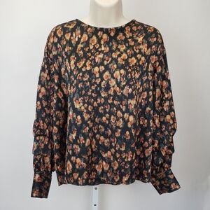 ZARA Black Brown Print Relaxed Dressy Blouse Top Size Small